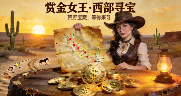 赏金女王专题展示狂野西部寻宝风格金币与藏宝图场景